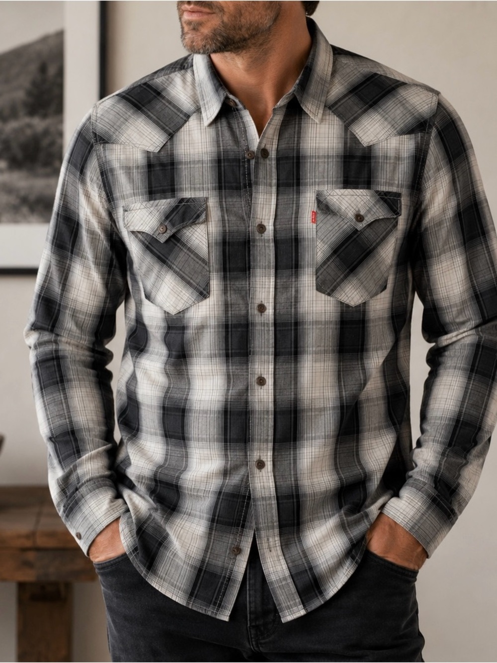 Levi's Men's XL Gray/Black/White Plaid Long Sleeve Button-Up Shirt Pockets